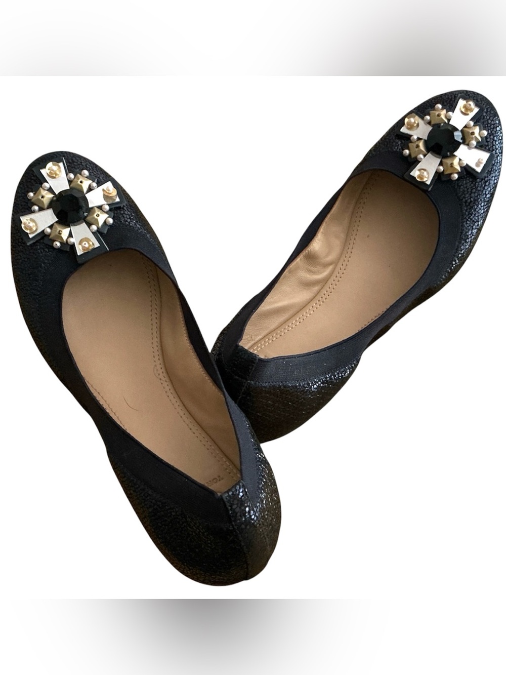 Tory Burch Navy Eel Print, Iridescent Flats with Bead Design 9.5